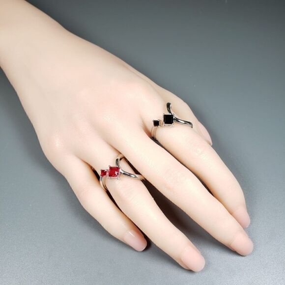 Brand New Black & Red Stone Silver Couple Rings #1 - Picture 5 of 7